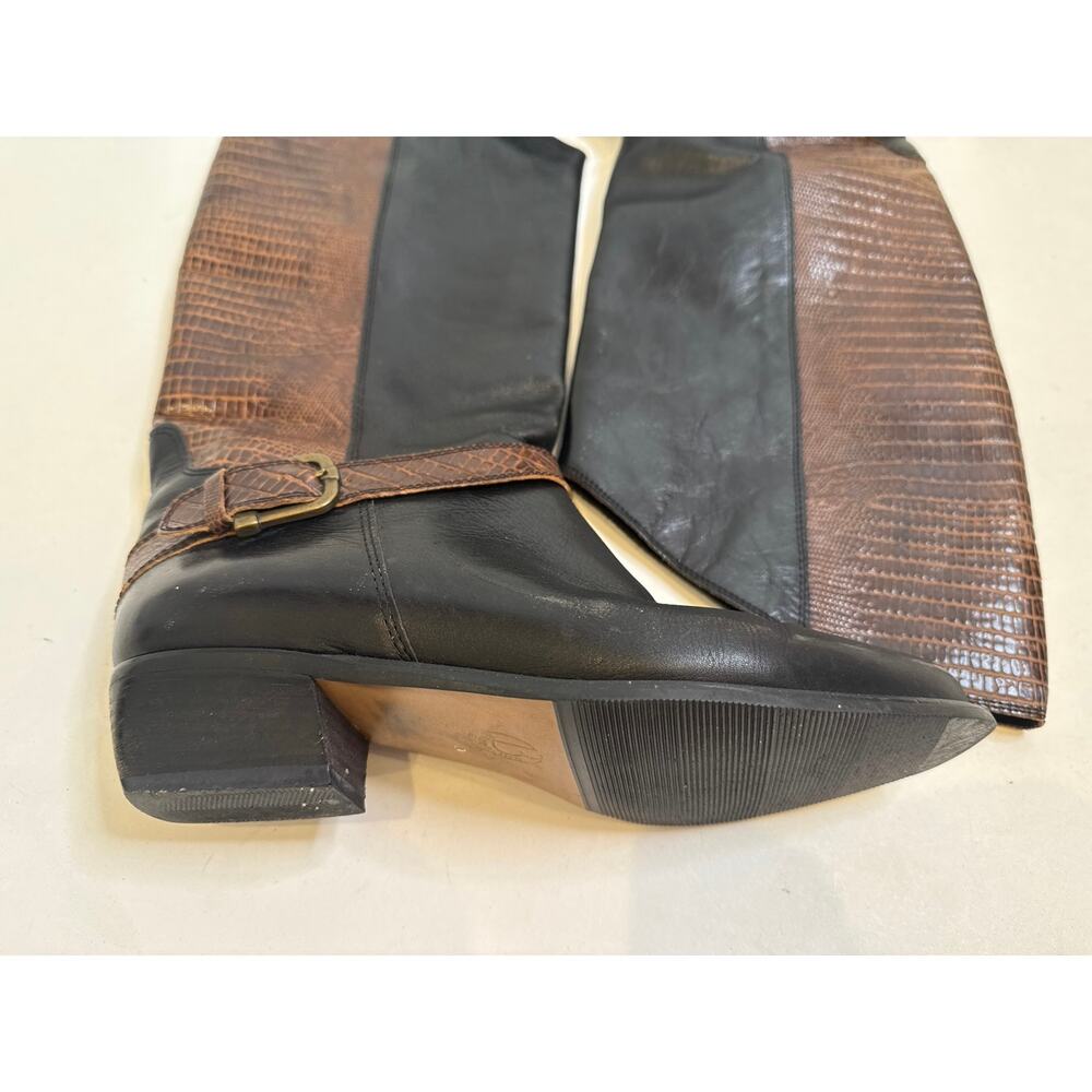 Bandolino Italian Mid Calf Leather Brown Black Boots Belt Reptile Texture Sz 8 - Picture 2 of 10